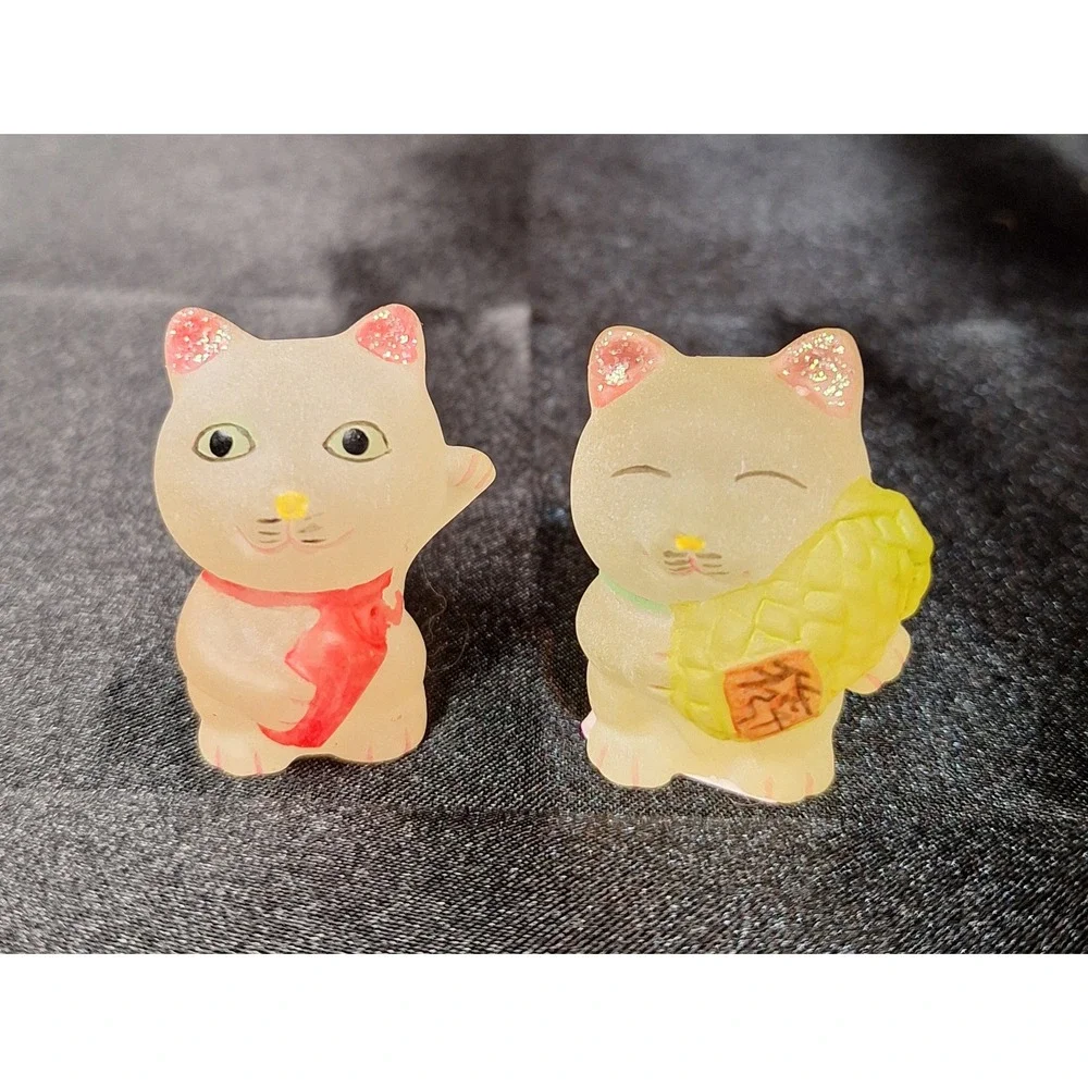 Miniature Frosted Glass Maneki Neko Lucky Cat Figurines Set of 2 Pink Yellow